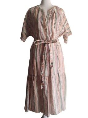 GAP Peasant Style Striped Pink Boho Midi Dress with Tie Waist